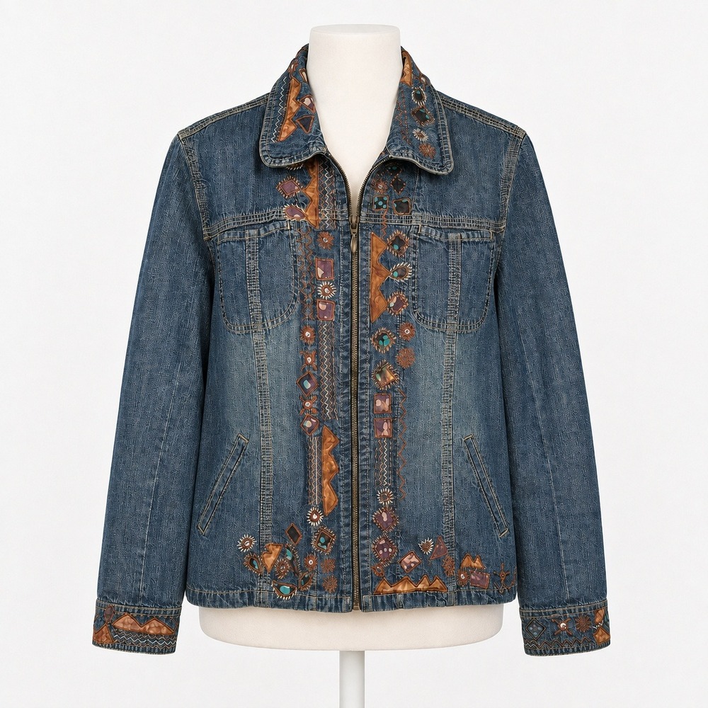 Vintage Y2K Boho Embroidered Denim Zip Jacket Sz M Indie Grunge Western Hippie